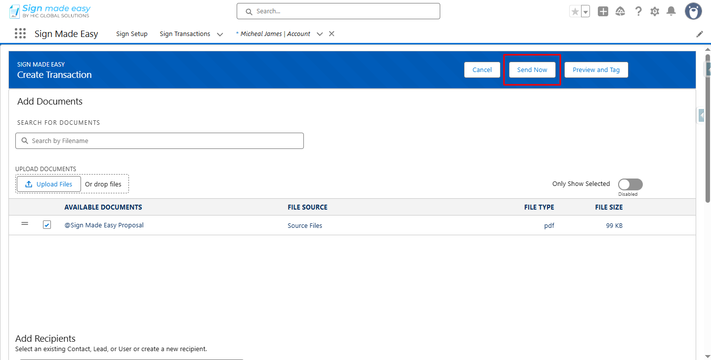 Click the Send Now button to send the email to the recipient