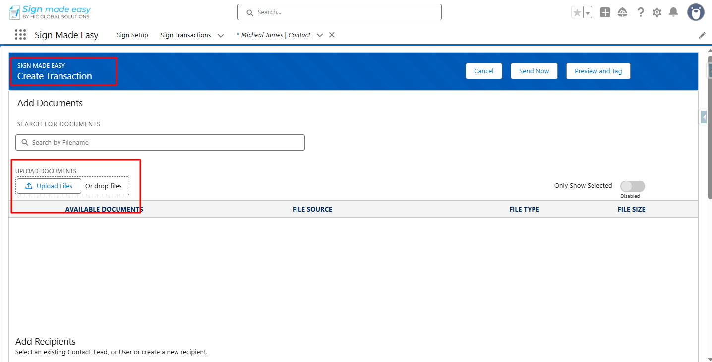 Create Transaction page is launched. Upload the document.