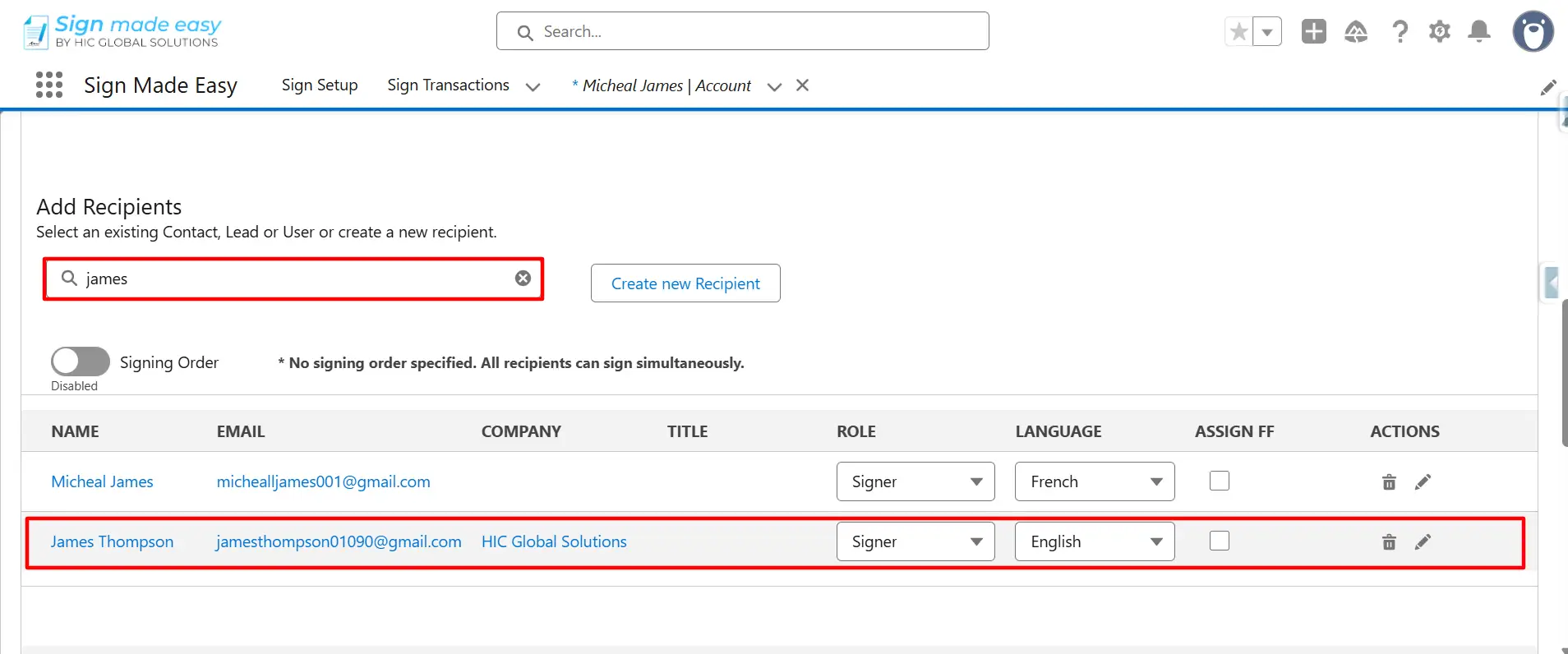 clicking on the Create New Recipient