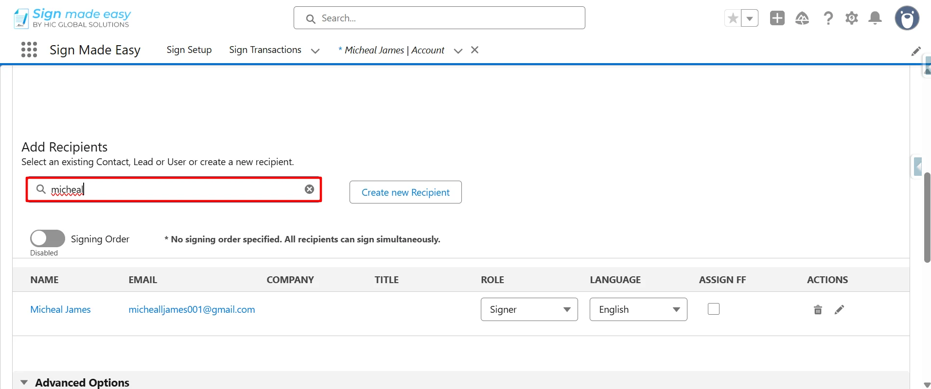 Create New Recipient button
