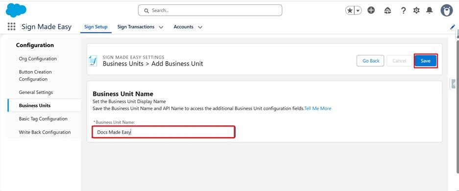 click the Save button to create the Business Unit