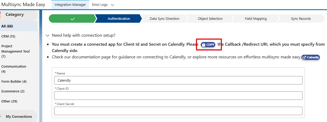 copy the Callback URL from Salesforce