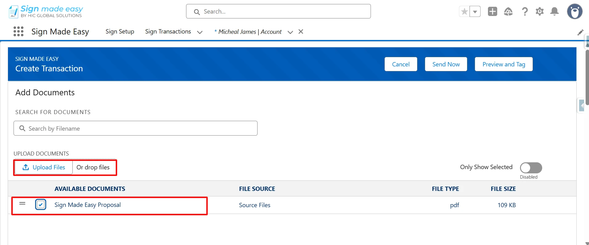 select an existing document or upload a new