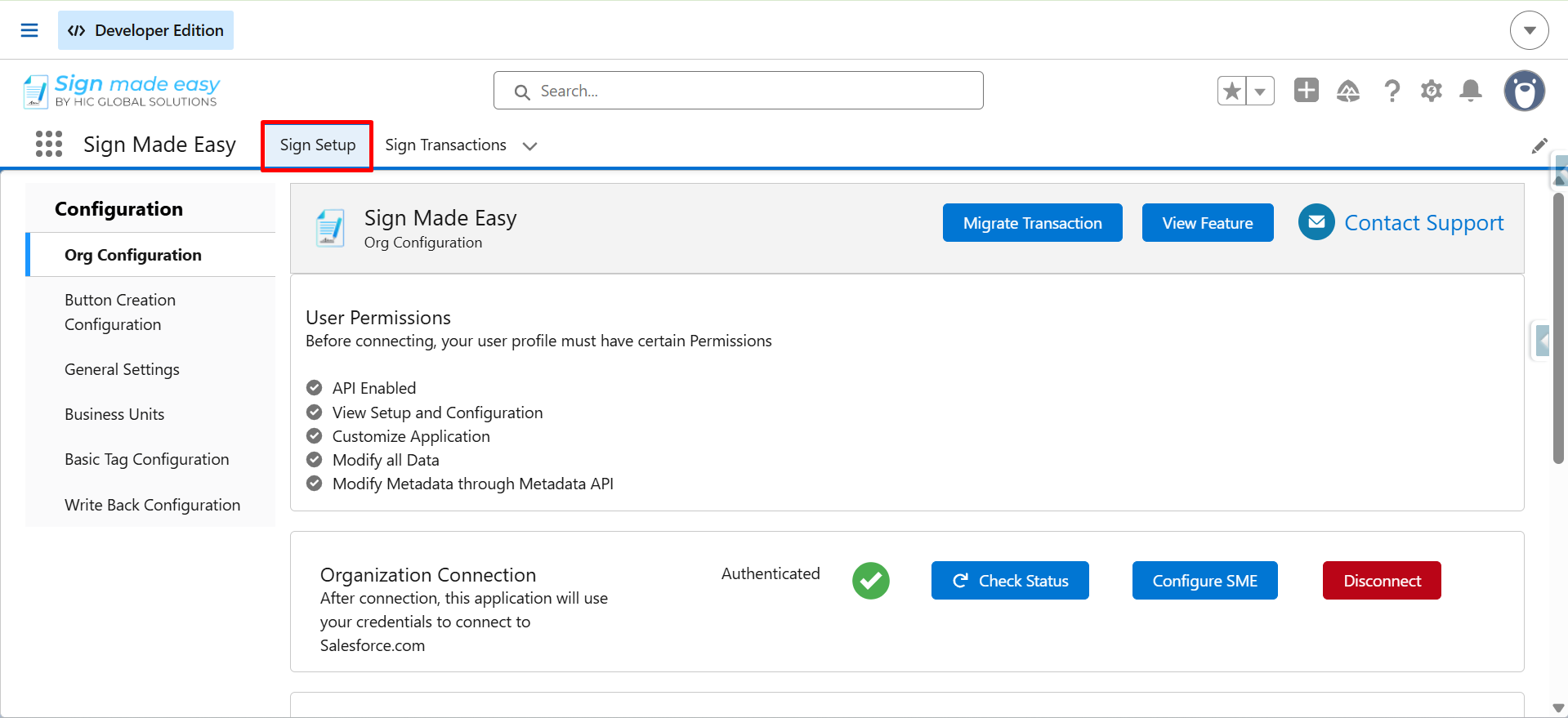 Sign Made Easy configuration dashboard in Salesforce with user permissions and organization connection status.