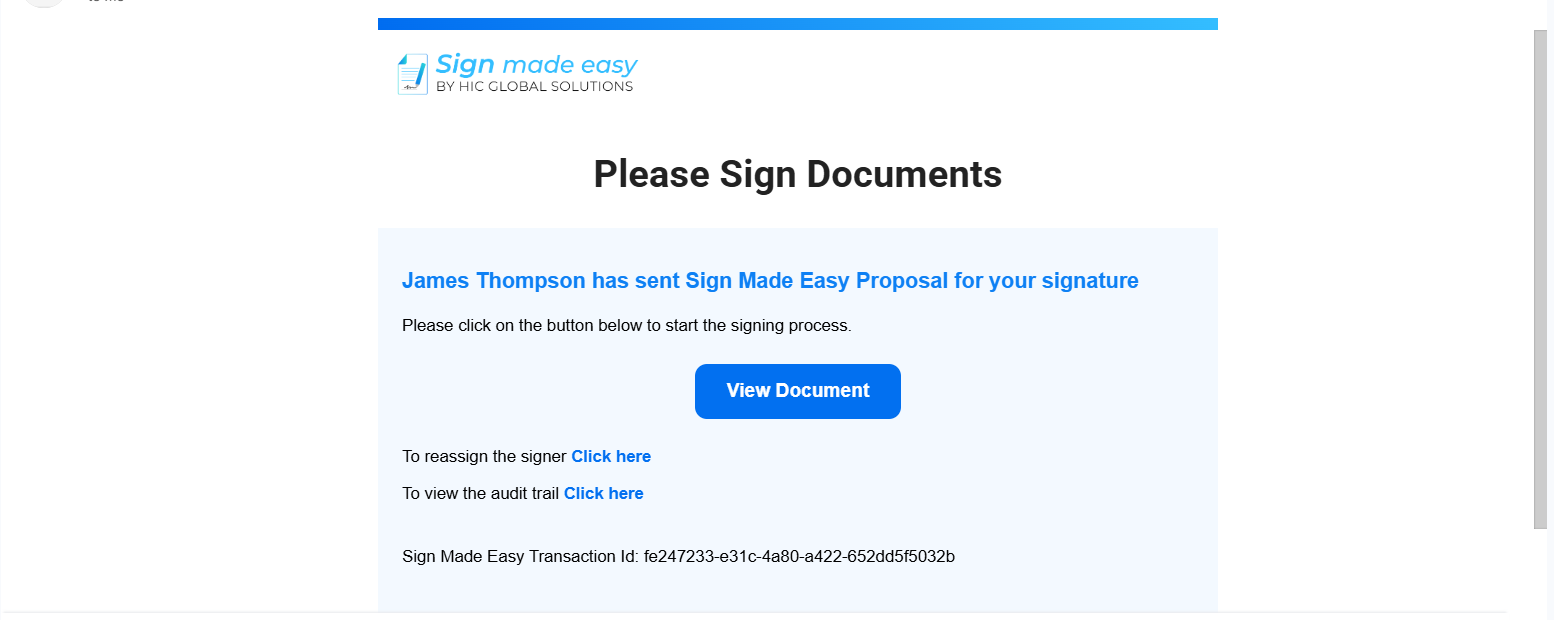 Sign Made Easy eSignature email notification prompting the recipient to review and sign the document with a View Document button.