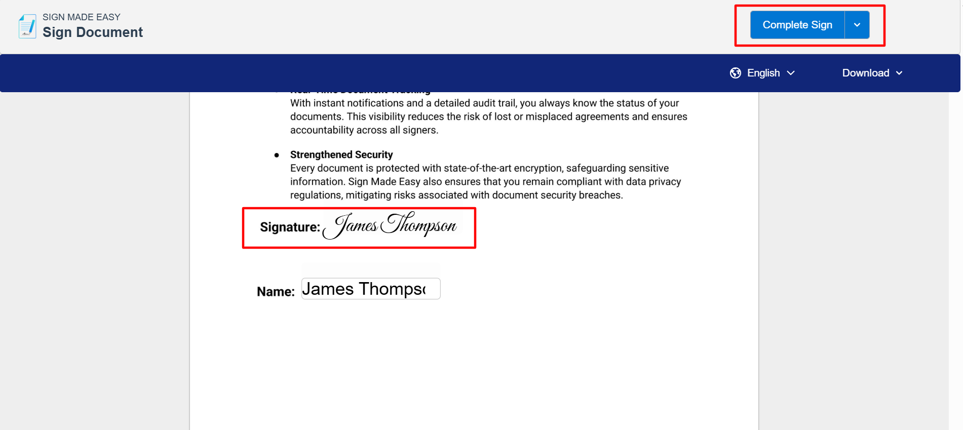 Sign Made Easy document signing page showing an applied electronic signature and the Complete Sign button in the eSignature workflow.