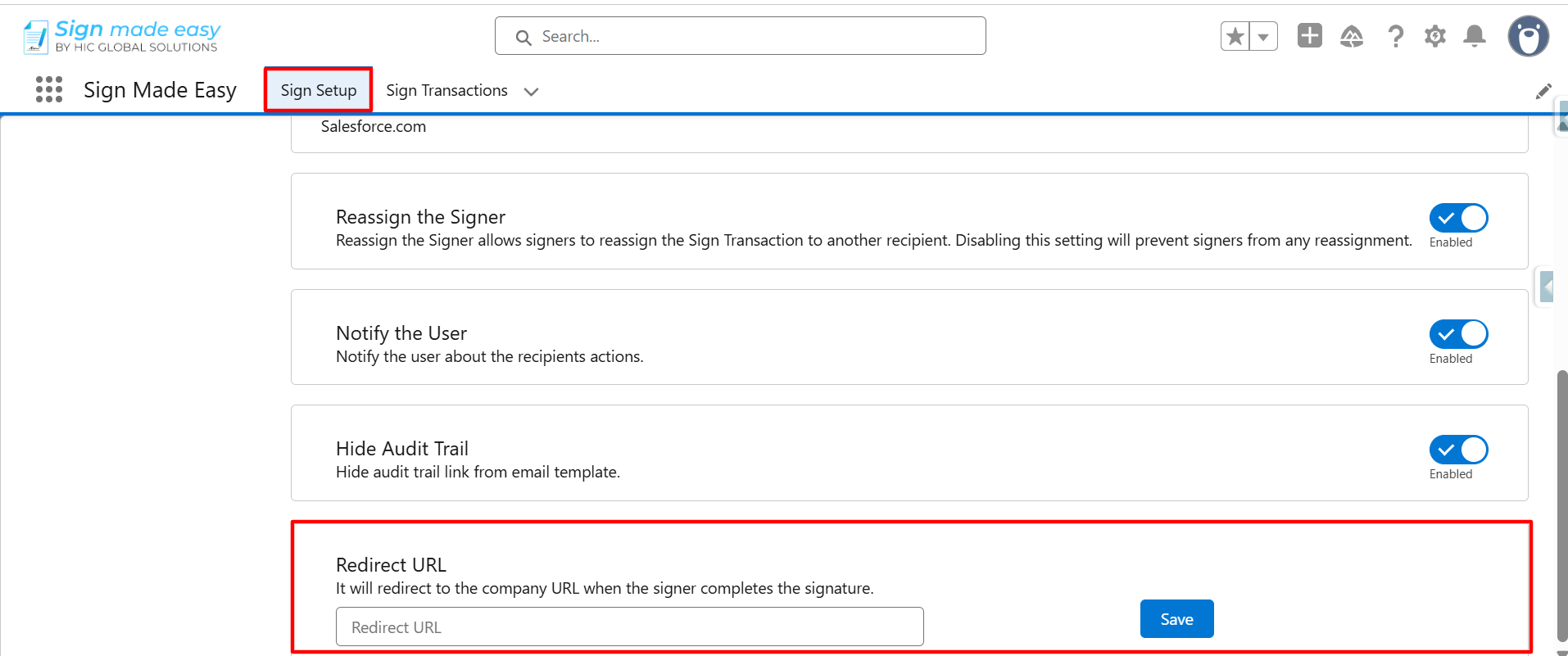 Sign Made Easy Salesforce settings page displaying Redirect URL configuration with an empty URL field and Save button.