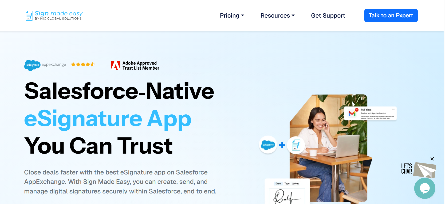 Salesforce-native eSignature app for creating, sending, and managing secure digital signatures within Salesforce, featuring trust badges and integration highlights.