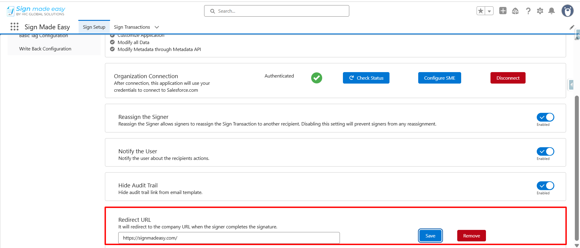 Sign Made Easy Salesforce settings page showing Redirect URL configuration with Save and Remove buttons.