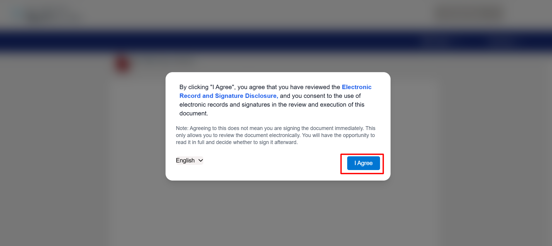 Sign Made Easy electronic signature consent dialog displaying the Electronic Record and Signature Disclosure with an "I Agree" button.