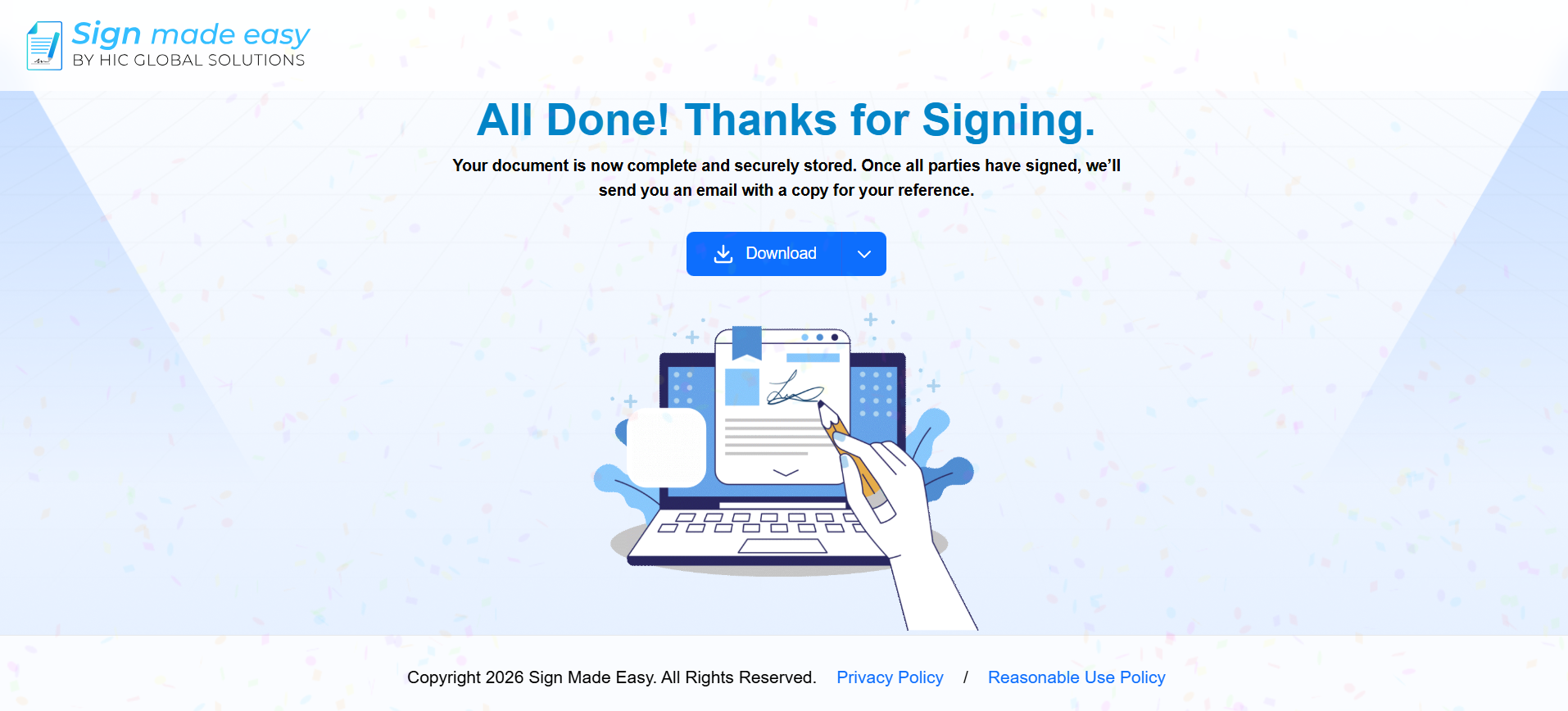 Sign Made Easy confirmation page displaying a successful document signing message with a Download button for the completed document.