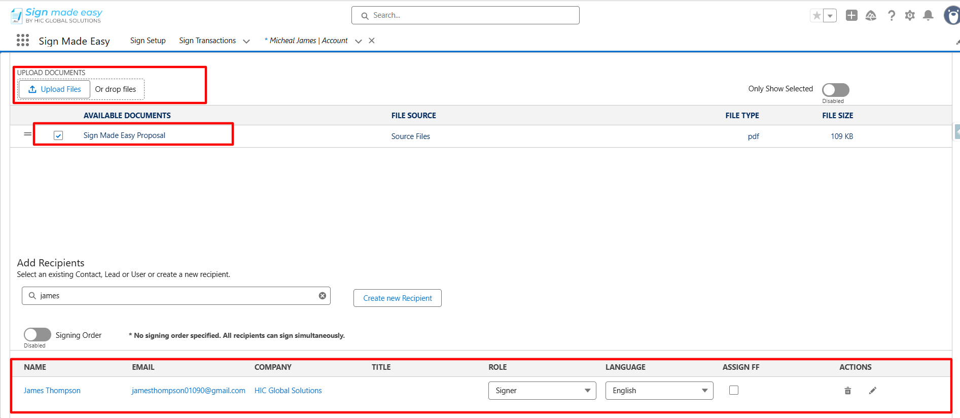 Sign Made Easy document signing screen in Salesforce showing document upload, selected proposal, recipient details, and signer configuration.