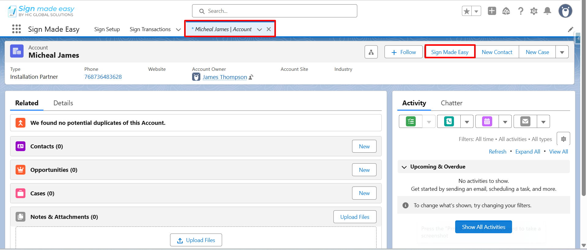 Salesforce Account record page showing the Michael James account with the Sign Made Easy custom action highlighted.