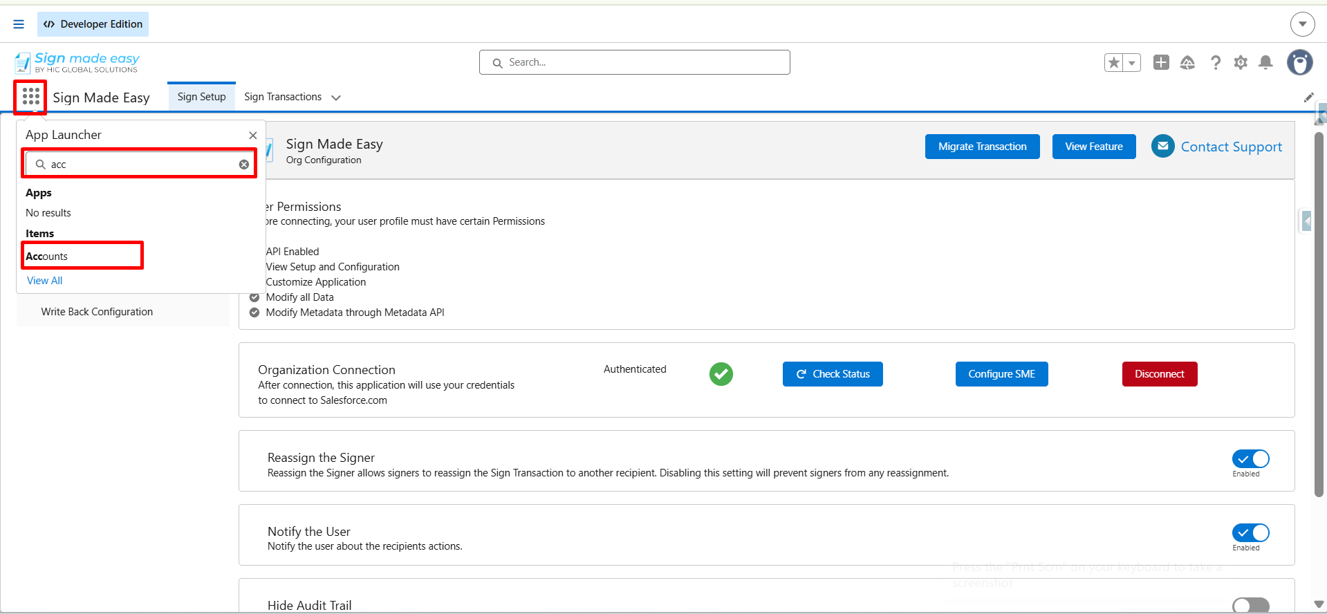 Salesforce App Launcher search showing the Accounts object while using the Sign Made Easy application.