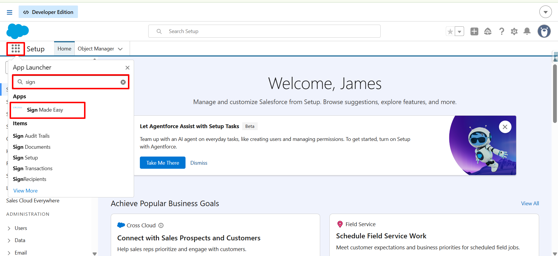 Salesforce App Launcher search showing Sign Made Easy.