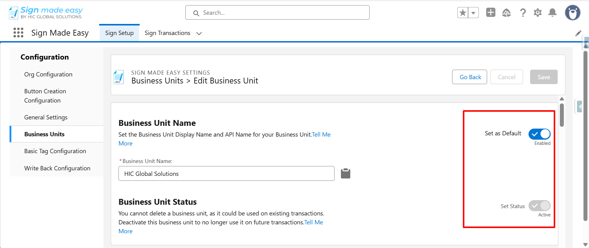 Business unit status panel with default enabled and active status toggles.