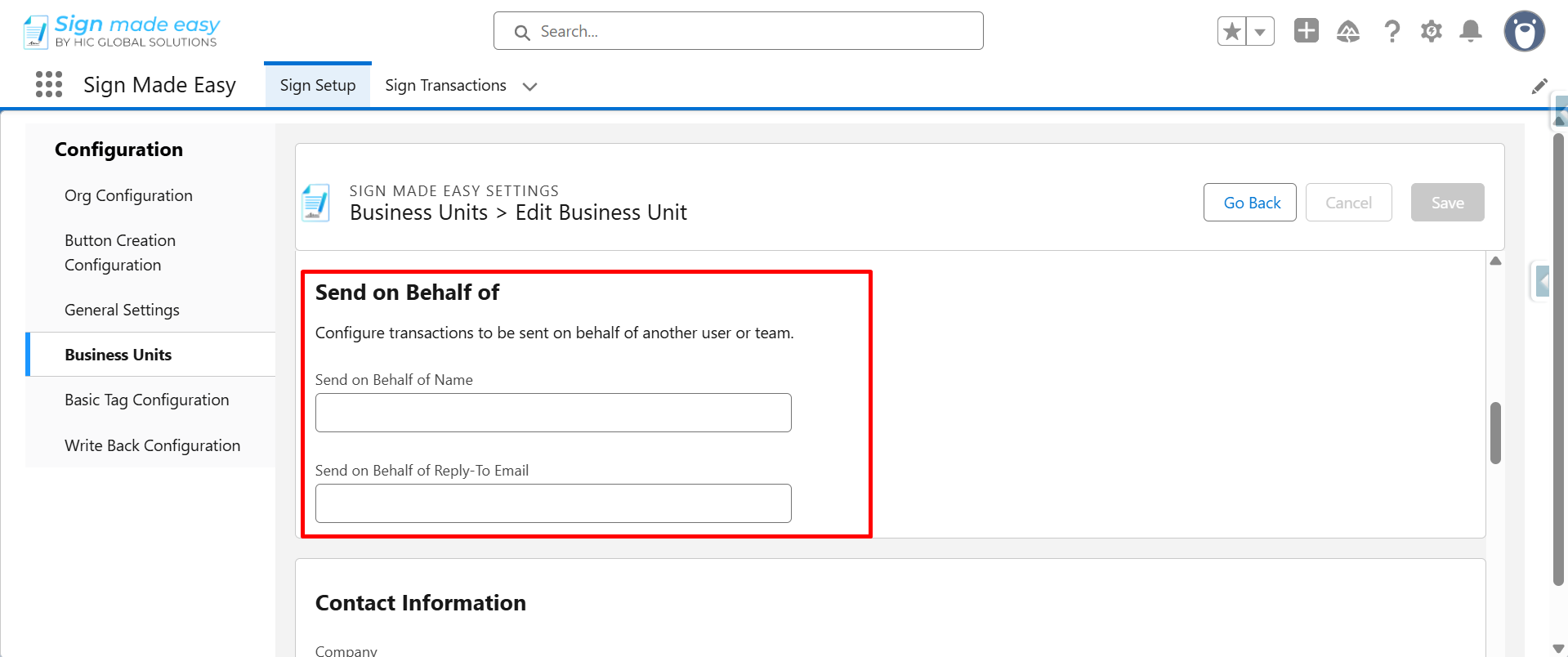Send on Behalf Of section with name and reply-to email fields.