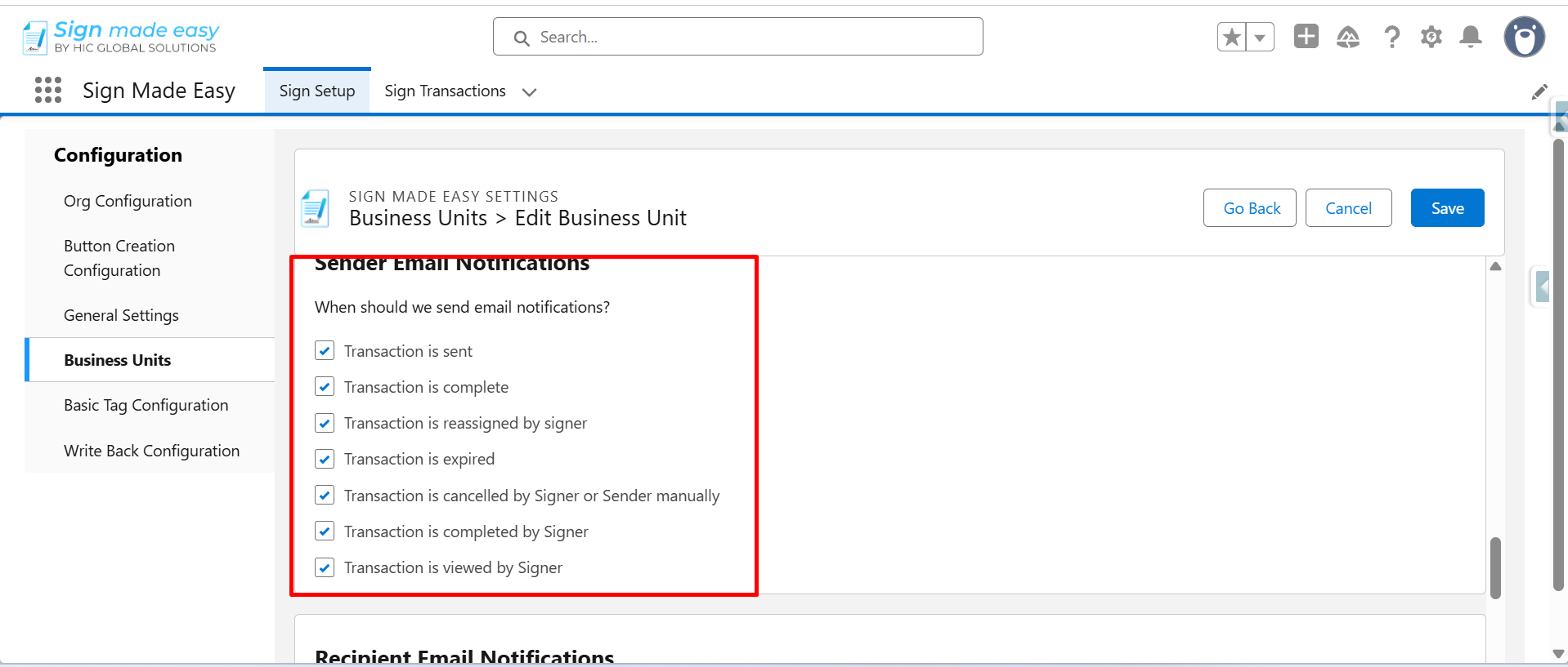 Sender email notification settings with multiple notification options selected.