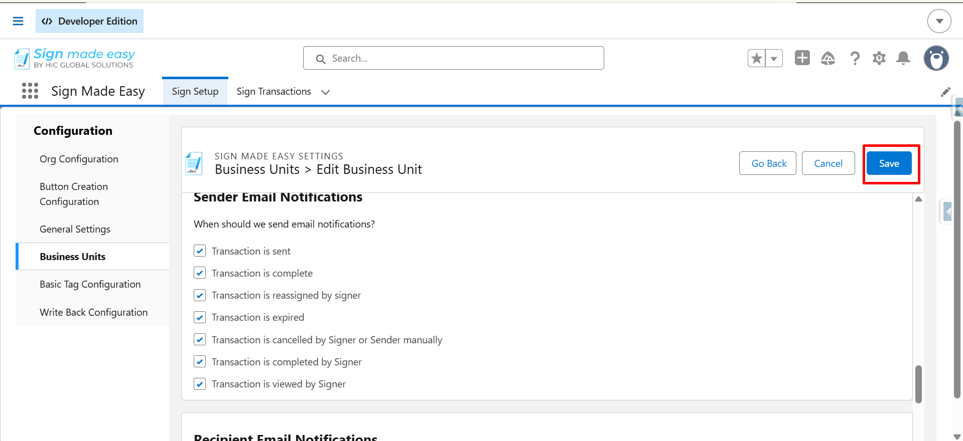 Sign Made Easy settings page showing email notification options and a highlighted Save button.