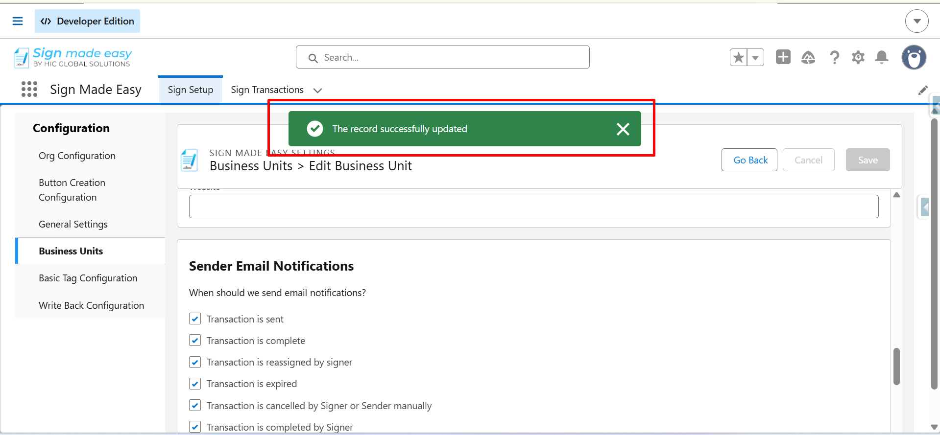 Sign Made Easy settings page showing a successful update confirmation.
