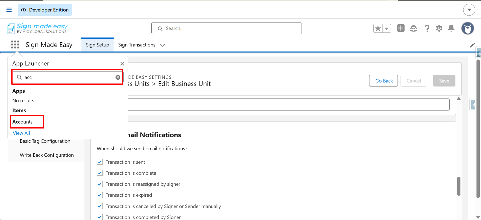 Sign Made Easy App Launcher showing “Accounts” in search results.