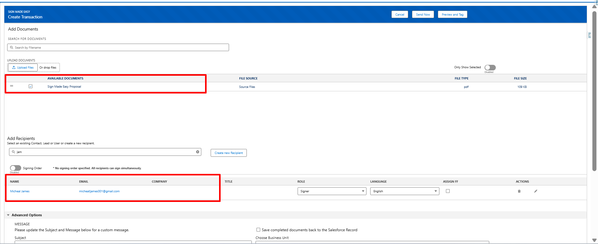 Sign Made Easy “Create Transaction” screen showing a selected PDF and recipient Michael James.