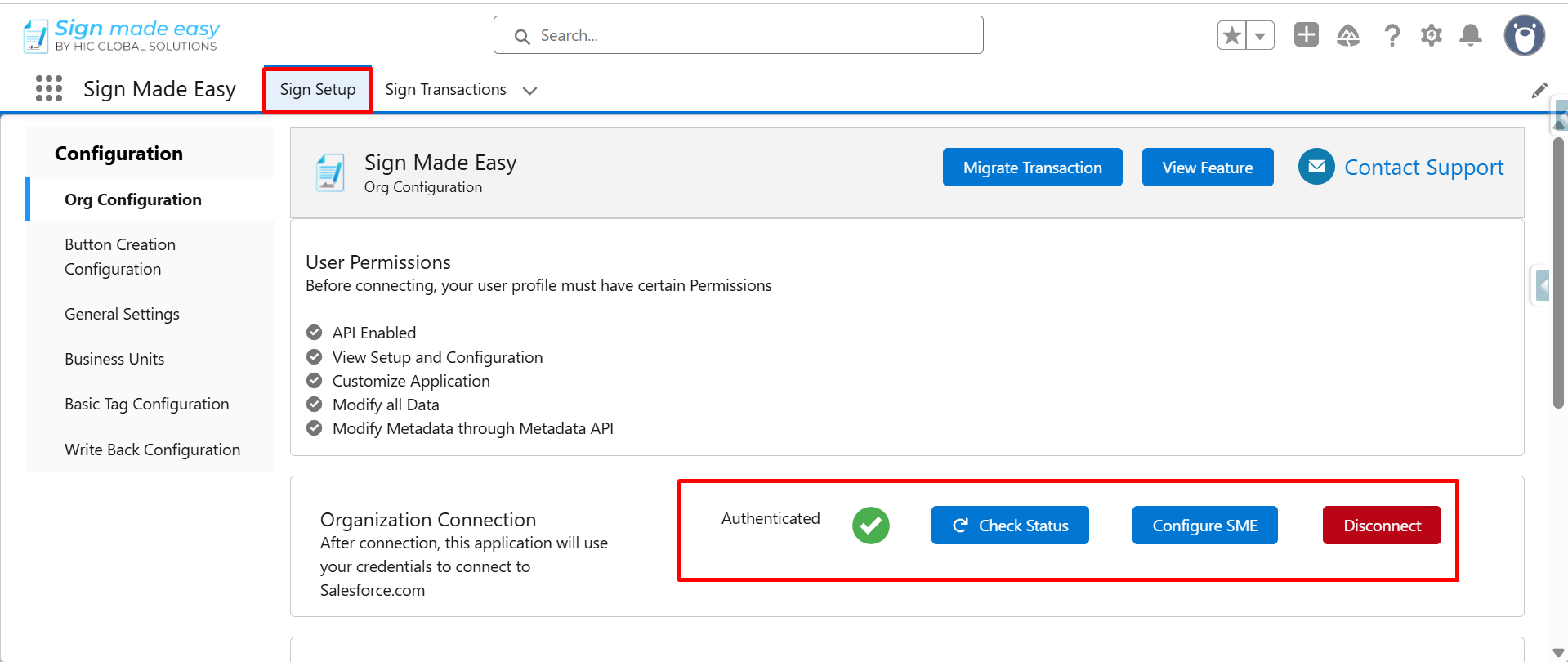 Sign Setup page showing authenticated organization connection and configuration options.