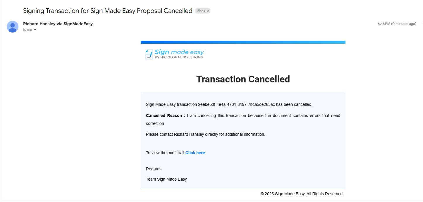 Email confirming the Sign Made Easy transaction was cancelled due to document errors.