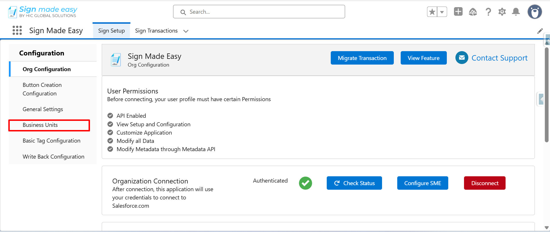 Sign Made Easy setup page with Business Units highlighted.