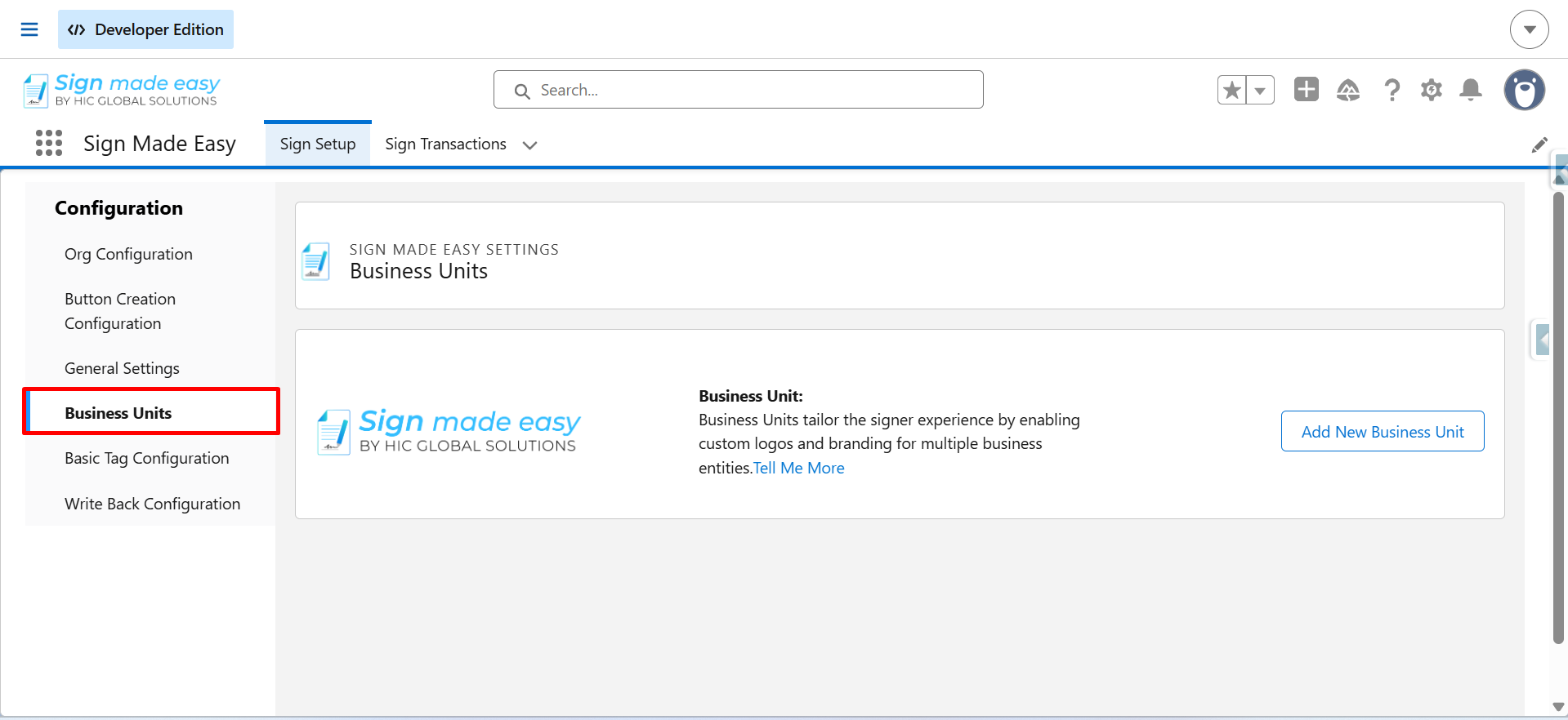 Business Units page with an “Add New Business Unit” button.