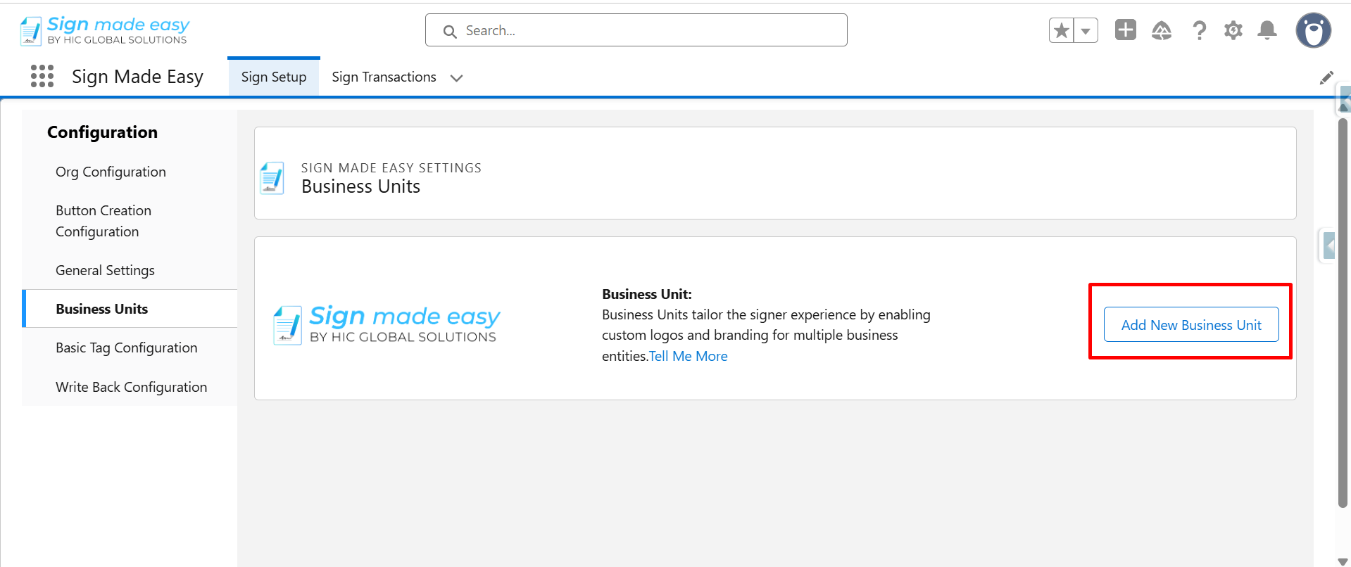 Business Units page with the “Add New Business Unit” button highlighted.