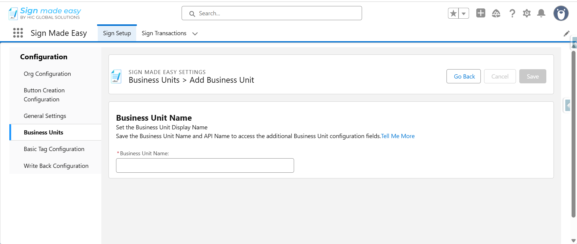 Add Business Unit page with a Business Unit Name field.