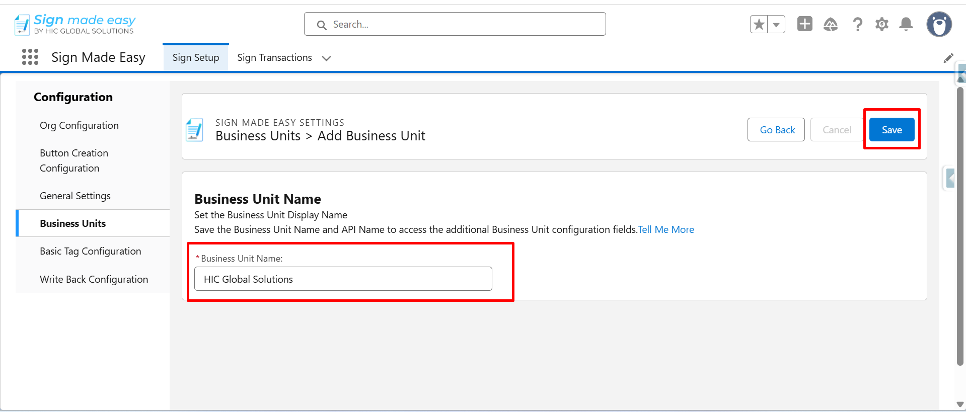 Business Unit name entered with the Save button highlighted.
