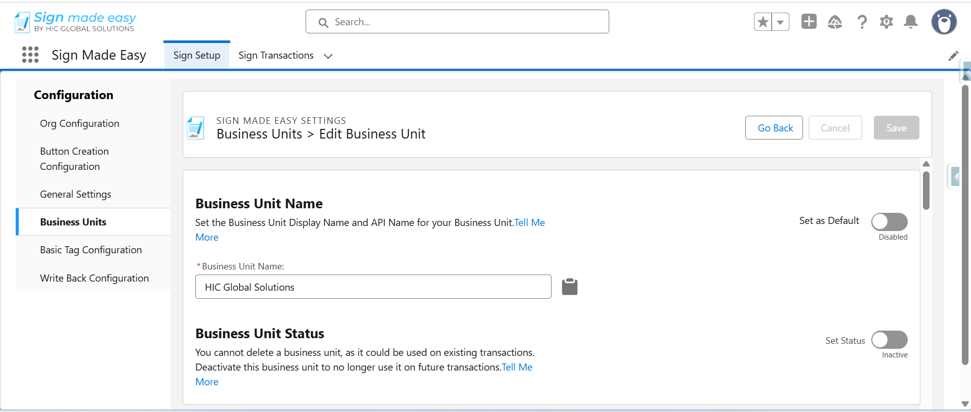 Business Unit settings page with name field and status controls.