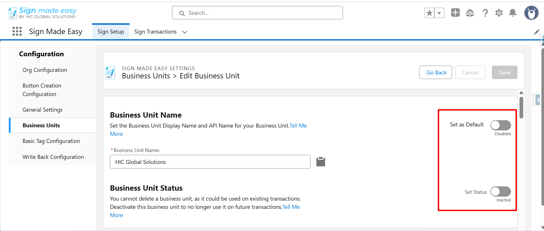 Business unit status panel with disabled default and inactive toggles.