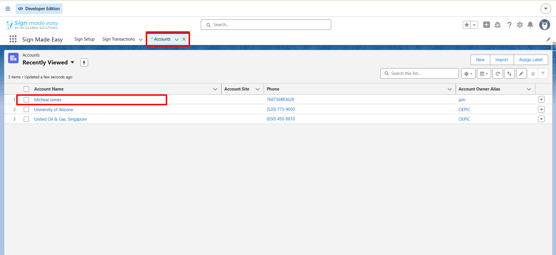 Sign Made Easy Accounts page showing a recently viewed account list.