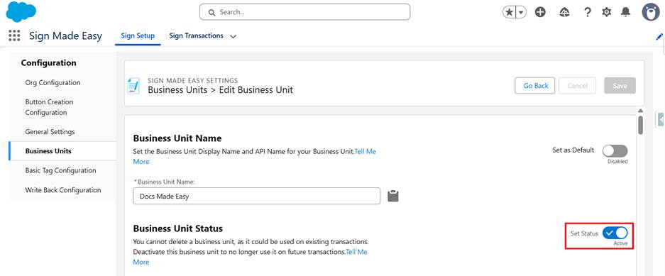 Active status setting for the Business Unit.