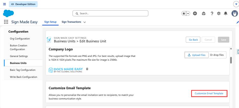 Customize Template button in Business Unit settings.