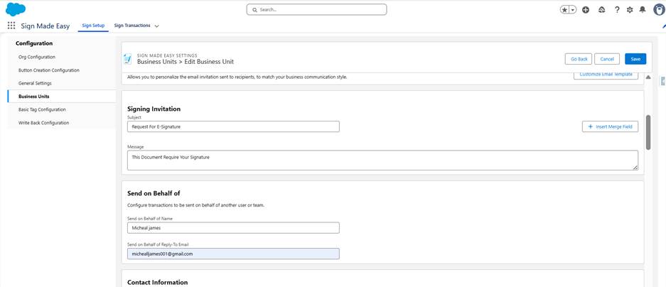 Business Unit settings with Signing Invitation, Send On Behalf, and Contact Information.