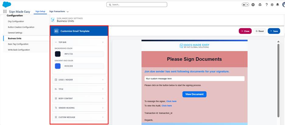 Email template customization sections and Save button.