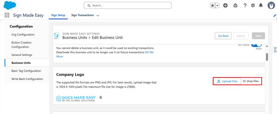 Company logo upload field for Business Unit emails.
