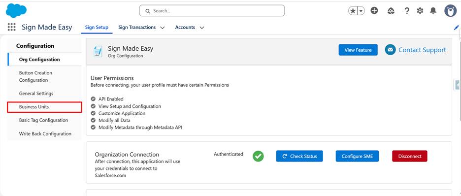 Sign Made Easy Business Units settings navigation.