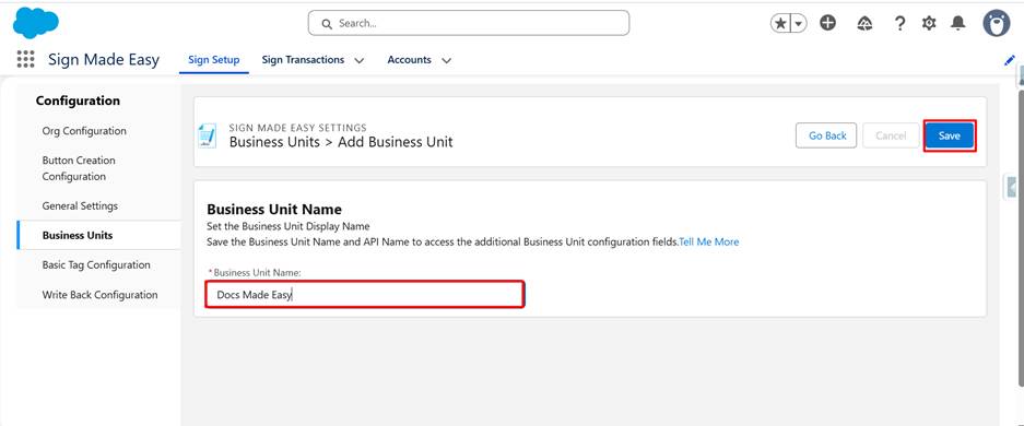 Business Unit Name field and Save button.
