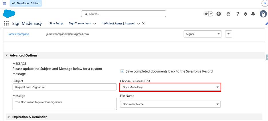 select the recipient, and choose the Business Unit you created earlier.