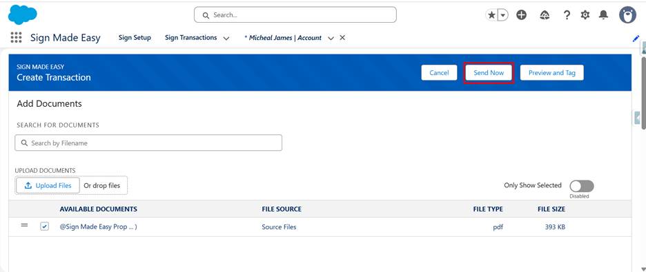 Send button for sending the document to the recipient.