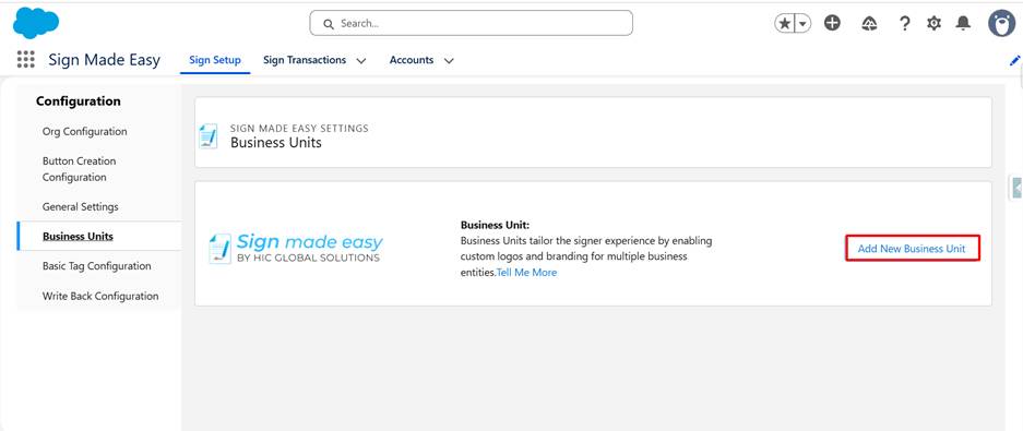 Add New Business Unit button in Sign Made Easy.