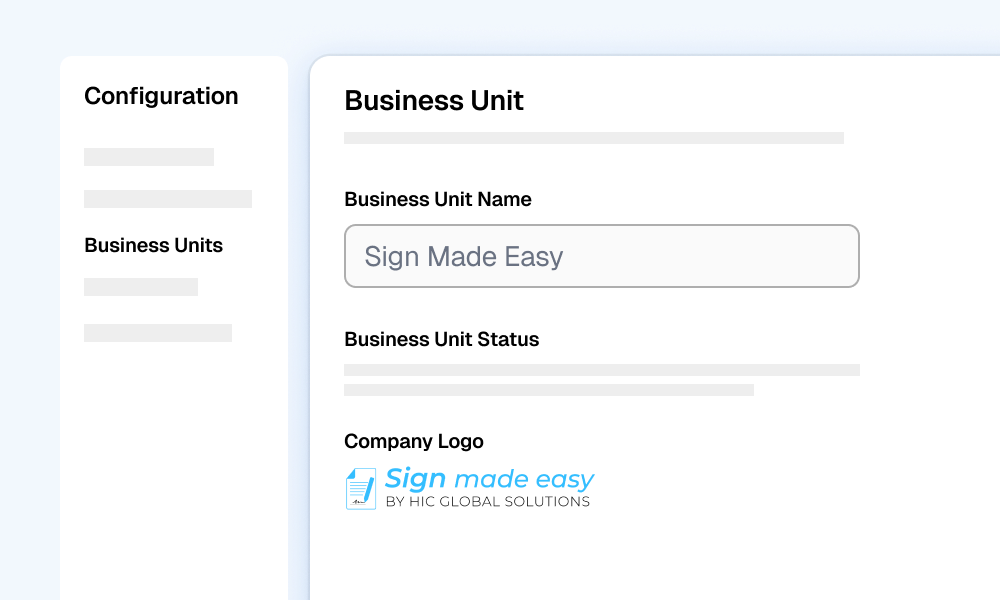 Business unit configuration screen
