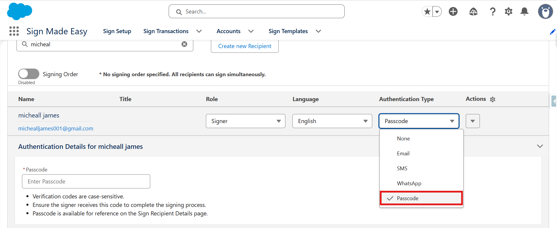 Select Passcode Authentication