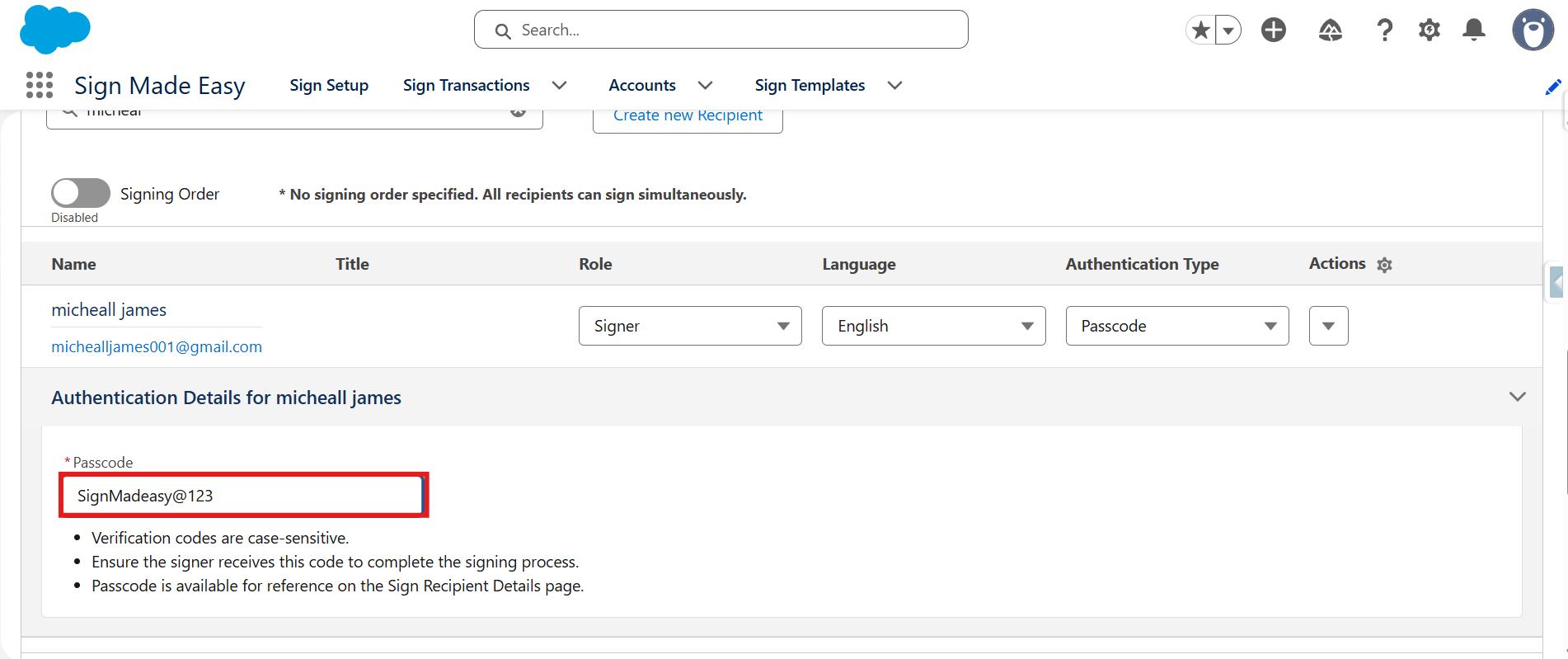 Select Passcode Authentication