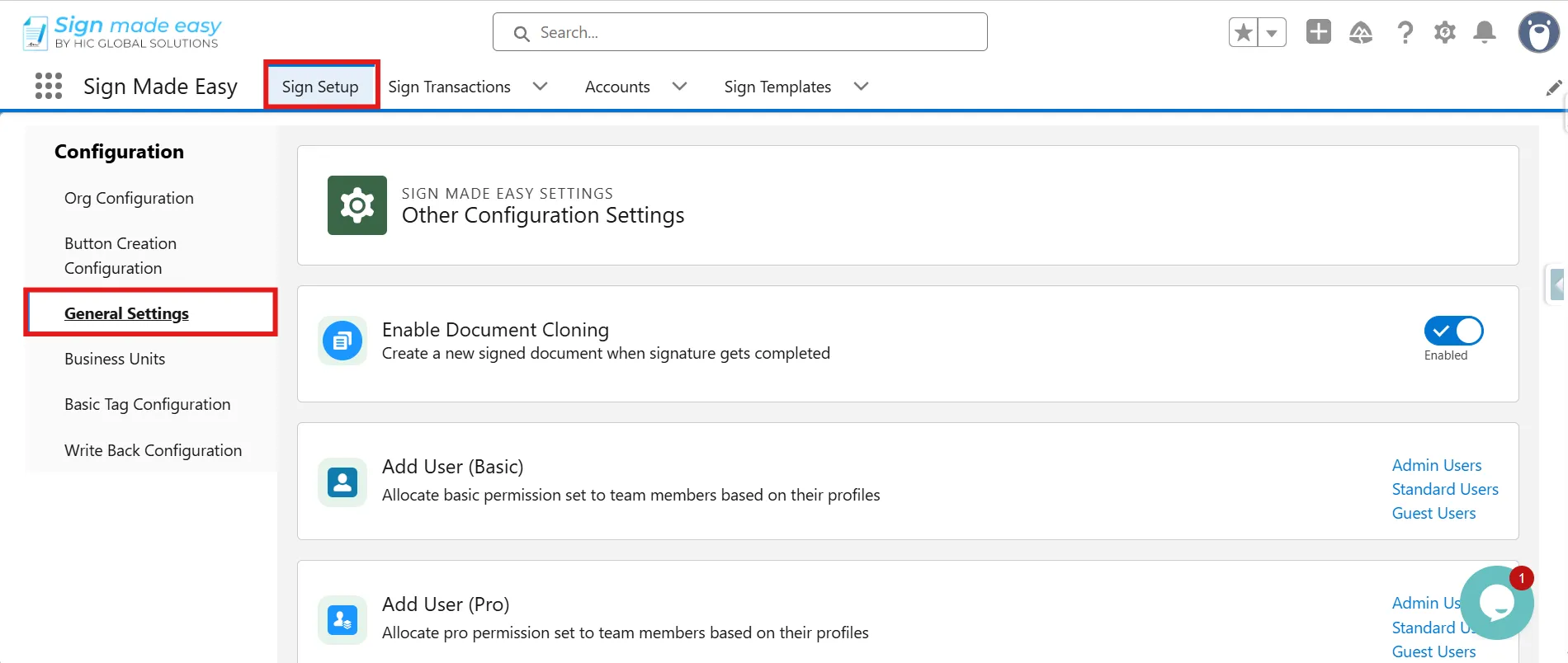 Go to Sign Setup > General Settings
